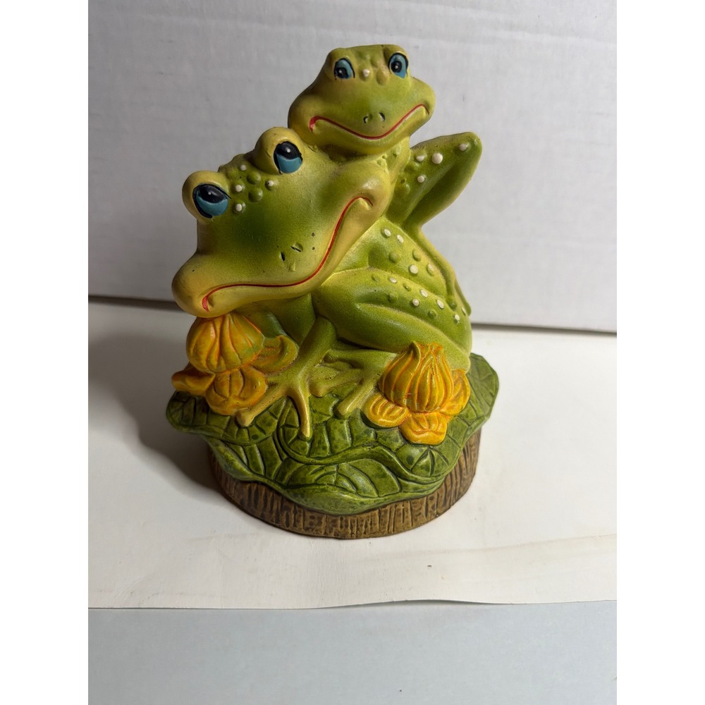 Vintage Enesco Ceramic Frog Coin Bank Two Frogs on Water Lily Figurine Green